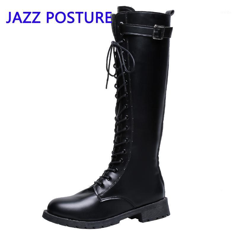 

Women's boots on the knees Black lace-up faux leather boots Women's shoes With zipper cross straps Buckle Large size 43q481