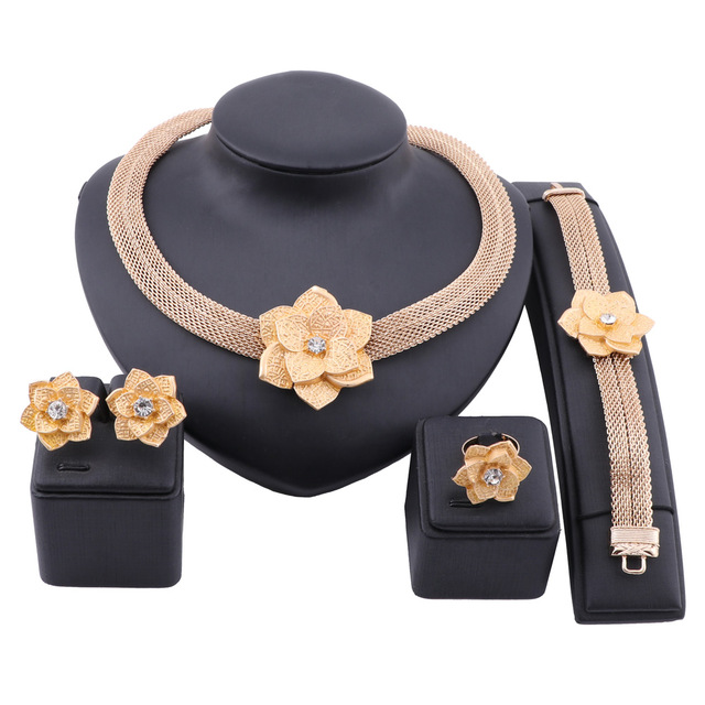 

African Gold Color Flower Jewelry Sets For Women Bridal Wedding Gifts Party Necklace Earrings Ring Set Saudi Arabia Jewellery, Slivery;golden