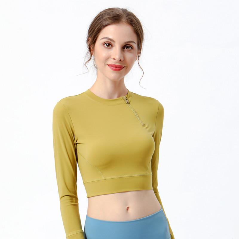 

Spring Autumn New O Collar Zipper Yoga Shirts Women Long Sleeve Gym Stretch Tight Running Quick Dry Sports T Shirt Sexy Crop Top, Black