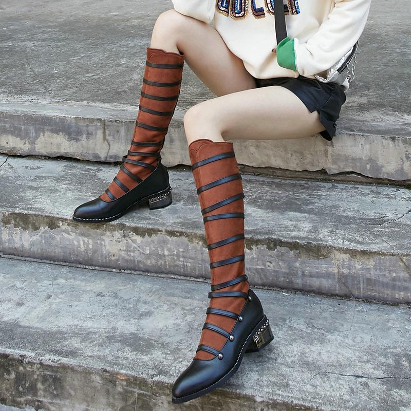 

New Autumn Winter Boots Female Women Shoes Fashion Hoof Heels Round Toe Zipper Knee High Boots for Women Wide Calf Plus Size 43, Black