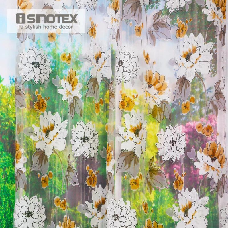 

Window Curtain White&Yellow Floral Printed Burnout Transparent Sheer For Home Living Room Screening Voile Fabric 1PCS/Lot1, Rod pocket