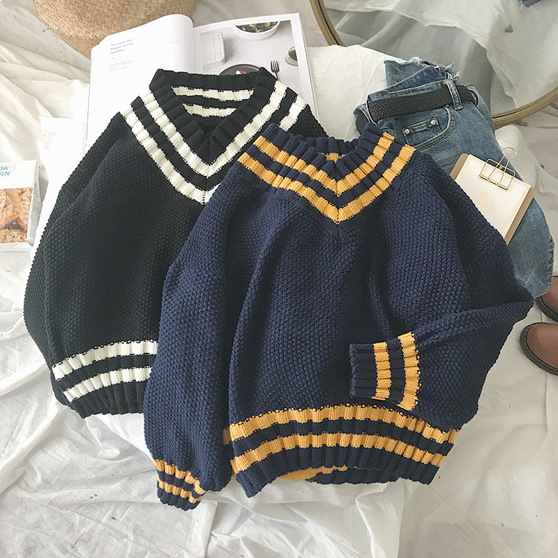 

2021 New Autumn with V-shirt Vintage Female Jumper Blue Striped Mesh Sweaters White Woman Harajuku Sweater Warm Winter 4o2k, A07black