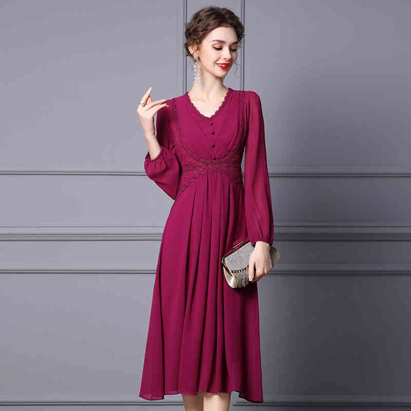 

Casual Dresses Zhili women' dress annual meeting purplish red elegant temperament V-Neck long sleeve spring large a skirt OC5Y, Black