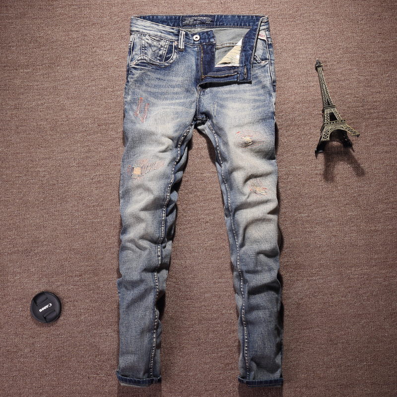 

2021 New Italian Style Fashion High Quality Retro Blue Destroyed Ripped Men Denim Pants Streetwear Hip Hop Homme 8p2a