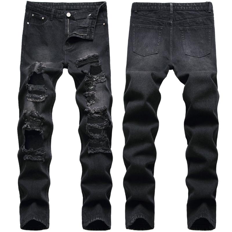 

LEOSOXS 2020 Autumn Winter Black Hole Jeans Men Straight Ripped Full Length Casual High Street Denim Trousers Male