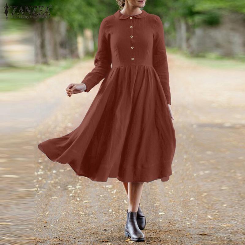 

ZANZEA Vintage Women Autumn Sundress Retro Long Sleeve Solid Mid-calf Vestidos Plus Size Robe Femme Cotton Linen Dress Kaftan, Black