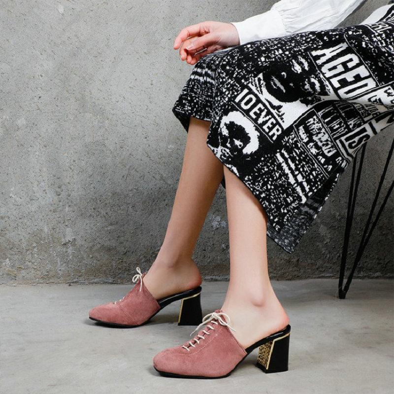 

Sianie Tianie 2021 Summer Yellow Chunky High Heels Slides Summer Woman's Shoes Plus Size 33-50 Cross-Tied Women Sandals Mules, Beige