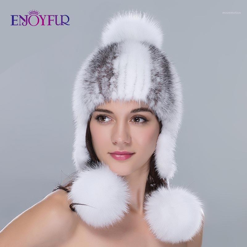 

ENJOYFUR Winter women fur hats real mink knitted fur with pom pom caps warm fashion ear protection outdoor beanies1, 01