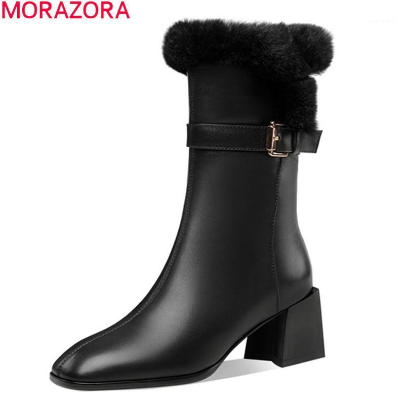 

MORAZORA 2021 New Arrival Women Boots Genuine Leather Boots Fashion Thick Heels Square Toe Keep Warm Ankle Black1, Black