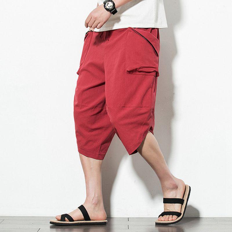 

Sinicism Store Japanese Cotton Linen Harem Pants For Men Solid Color Wide Leg Man Casual Calf-length Pants 2020 Male Clothes1, Black