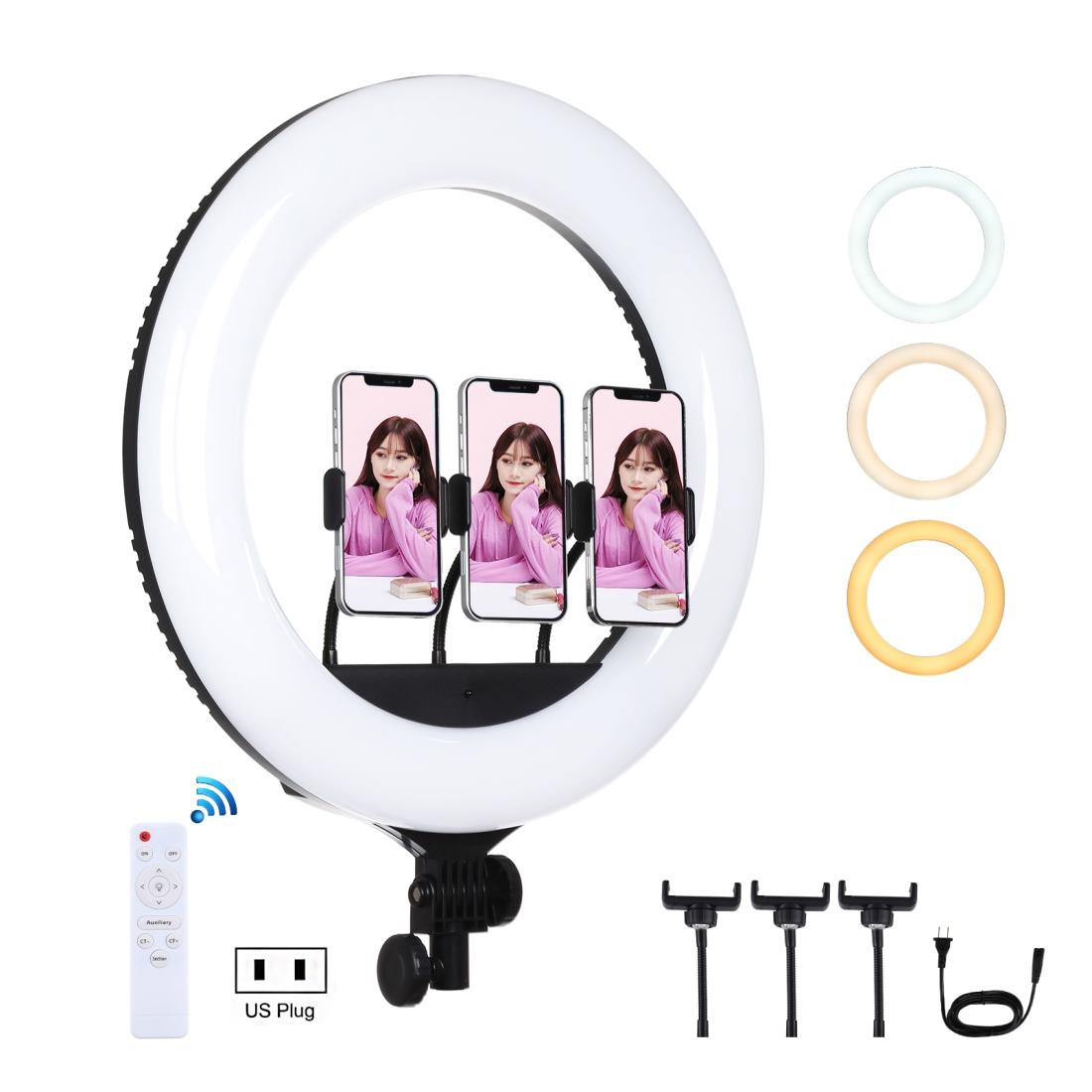

PULUZ 18 inch 46cm Curved Surface USB 3 Modes Dimmable White Light LED Ring Vlogging Photography Video Lights with Remote Control 3 x Phon