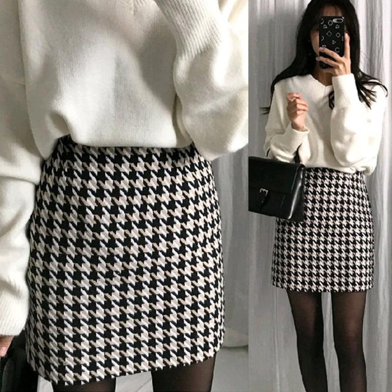 

2020 High waist houndstooth bird bag arm skirt autumn and winter a word short skirt DQ679, Black