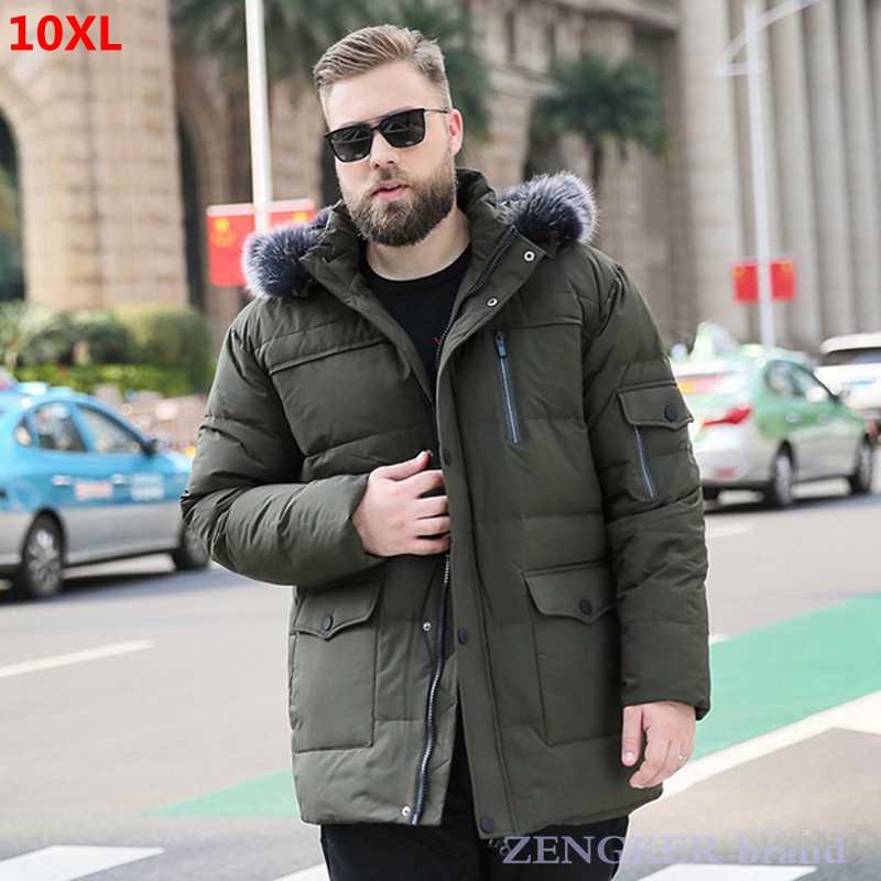 

Men's plus size plus size fur collar black 10XL mid-length down jacket for warmth winter jacket 10XL 9XL 8XL puffer