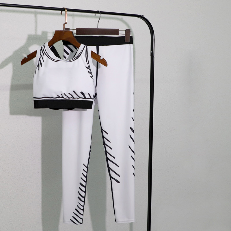 

White Print Suits Padded Push Up Women's Two-piece Tracksuits Outdoor Yoga Running Cycling Swimming Sports Clothes Suits, As pic