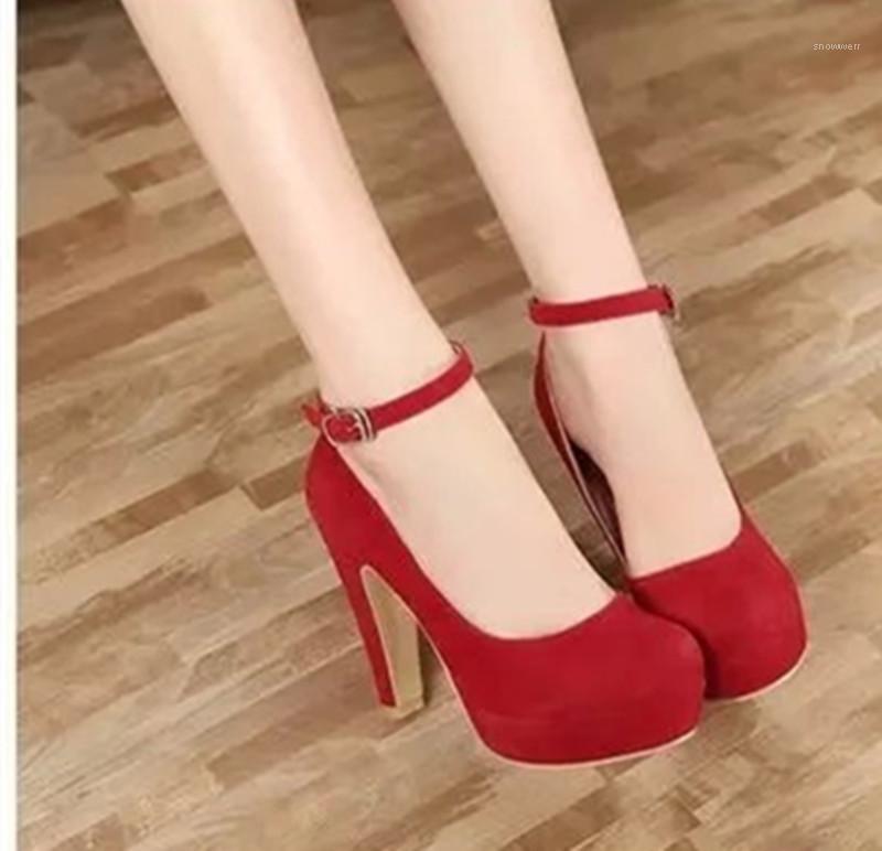 

Women Pumps Shoes Flock Buckle Strap Concise Round Toe Thick High Heels Round Toe Shallow Sexy Club Lady Party Female Shoes1, Black