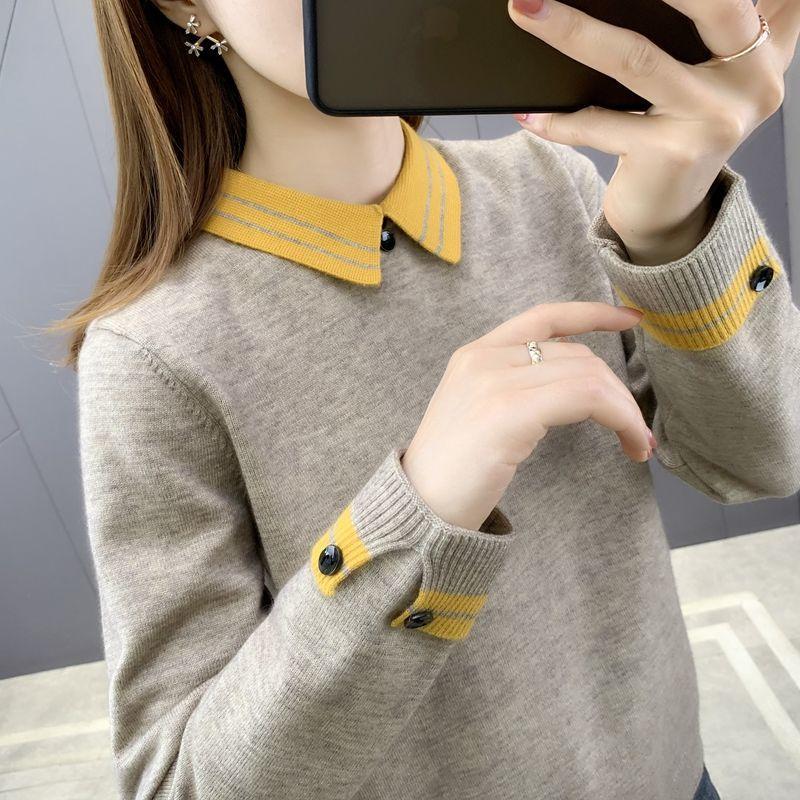 

Spring Fall Women' Fashion Lapel Sweater Long-Sleeved Casual Loose Wild Knitted Pullovers Female Knitwear Tops Jumper Full Y657, Khaki