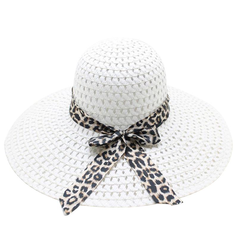 

Women Wide Brim Bowler Outdoor Straw Hat Cap Foldable Seaside Travel Leopard Print Beach Fashion Bowknot Ribbon Summer Sunscreen, Sky blue