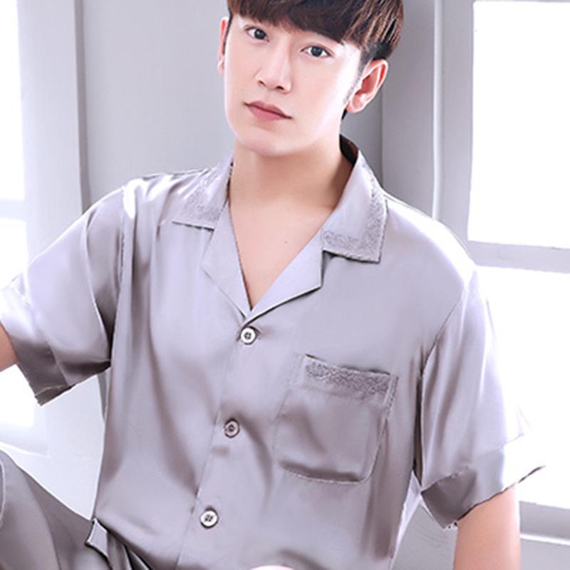 

Sleep Wear Men Pajamas Imitation Silk Pajamas Suit Short Sleeve Nightgown Home Soft Cozy Sleep Tops Pants Housewear Sleepwear, 9805 gray