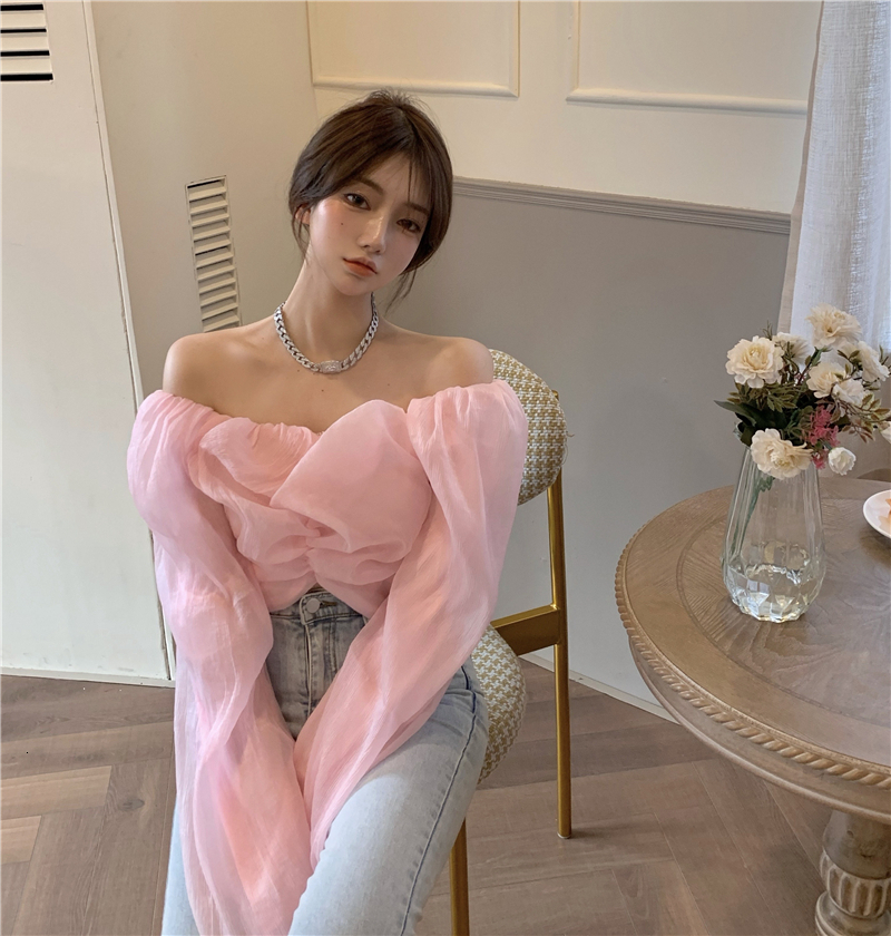 

2021 New Femme womens off the topos Autumn French style breath long female sleeve chiffon blouses (r99324) KSJK, Pink