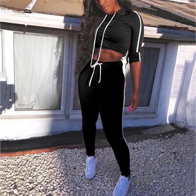 

2020 Hooded Casual Women Sportsuits Two Pieces Long Sleeve Solid Color Short Style Top Elastic Tight Bottom Pants Fall Outfits1