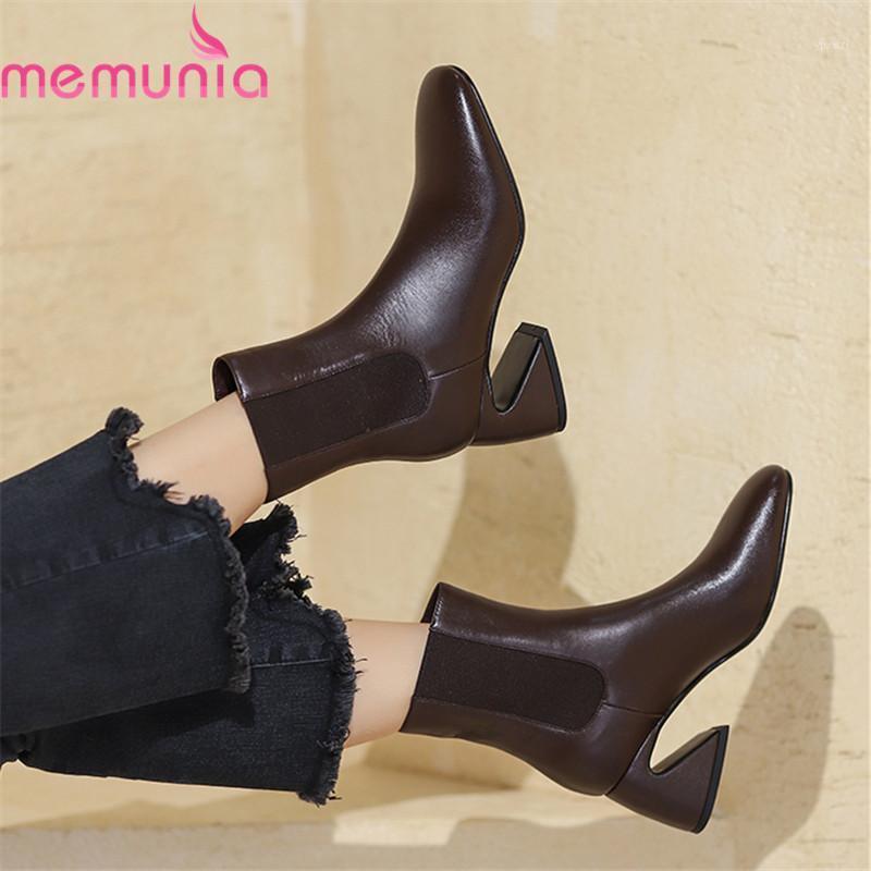 

MEMUNIA 2020 Genuine leather boots fashion high heels square toe ladies shoes autumn winter solid color ankle boots for woman1, Black