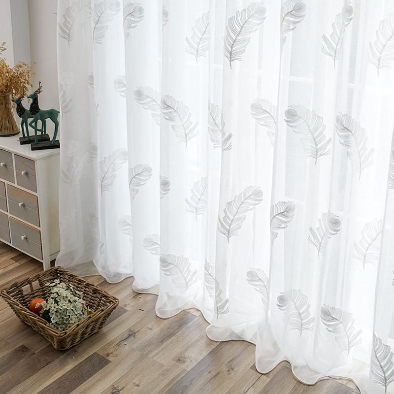 

Elegant Yarn Curtains Feather White Voile Curtains Panel Modern Embroidered Sheer For Living Room Bedroom Kitchen