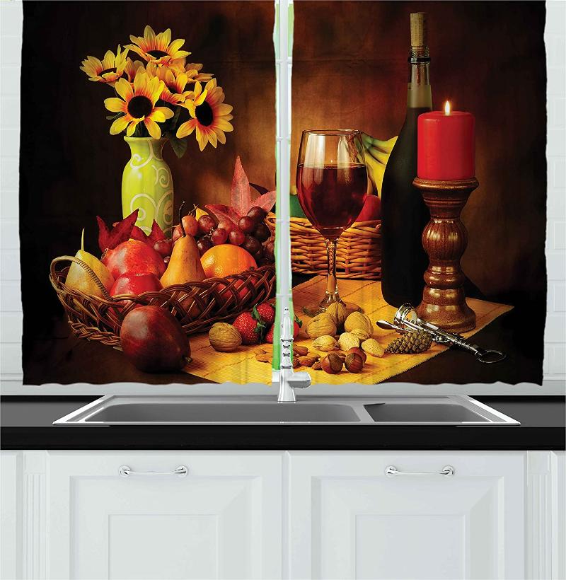 

Winery Kitchen Curtains Still Life Image of Red Wine Flowers Fruits and Nuts with Candle Romantic Evening Window Curtain, As pic