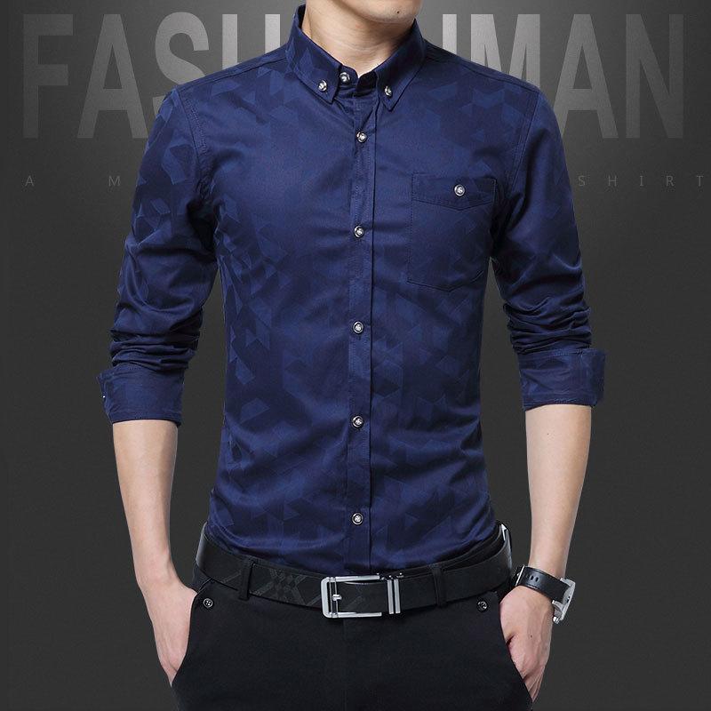 

2020 New Style Printed Casual Slim Fit Mens Shirt Long Sleeves Men Business Suits Shirt Hombre Vestir Shirts, Blue