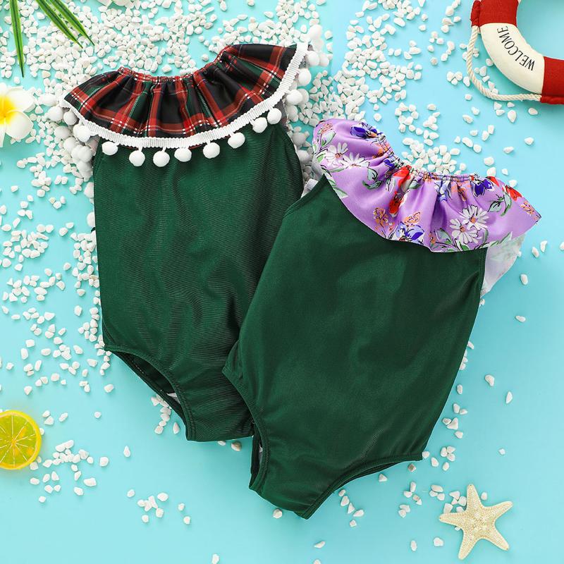 

One-Pieces Toddler Girls Sleeveless Floral Plaid Print Swimsuit Fashion Ruffle Collar Bandage Backless Triangle Swimwear, Black