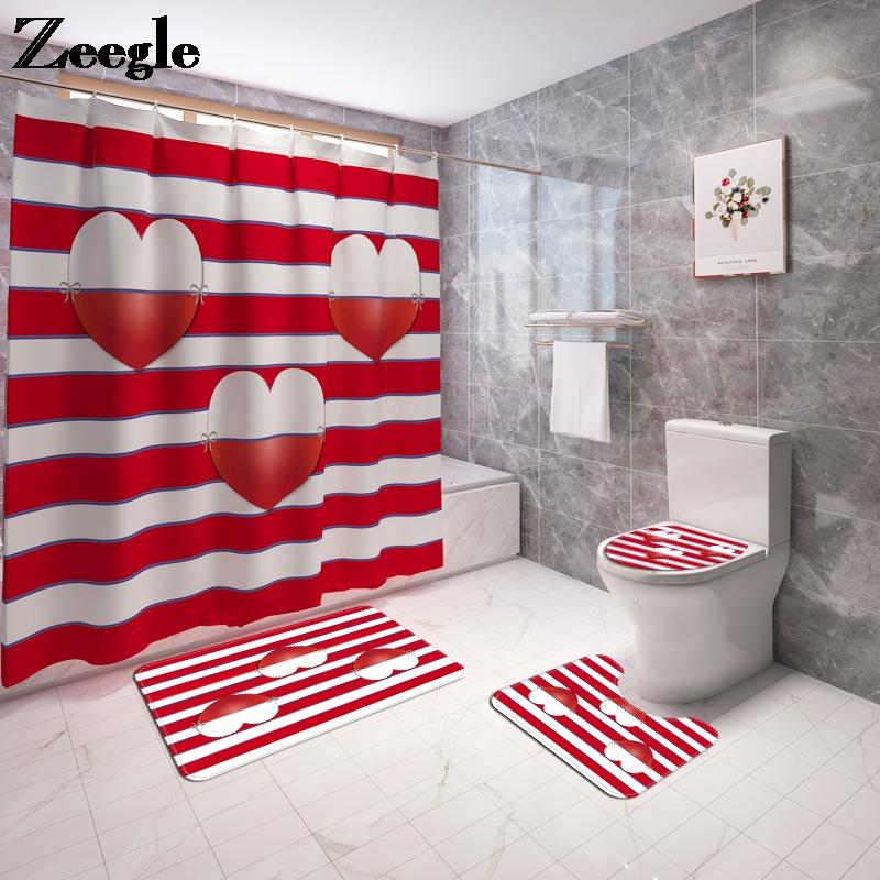 

Valentine's Day Style Bath Mat in the Bathroom Shower Curtain Set with Decor Carpet Microfiber Toilet Rugs AntiSlip Foot Mat Set