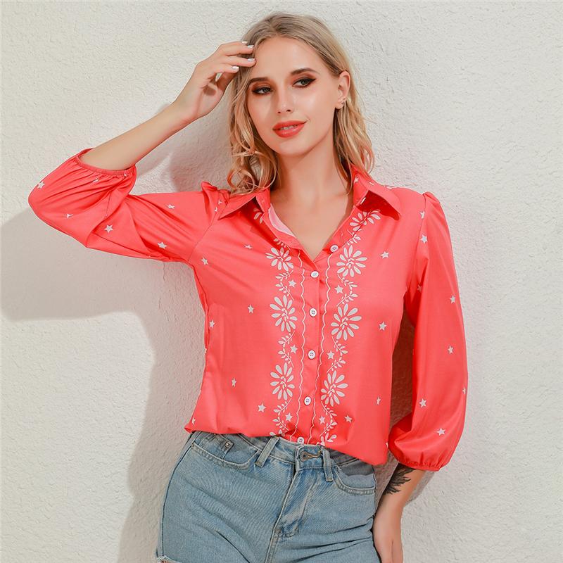 

Women Blouses Long Sleeve Floral Printed Turn-down Collar Blouse Shirt Casual Tops Elegant Office Chiffon Shirts Ropa Mujer, Blue