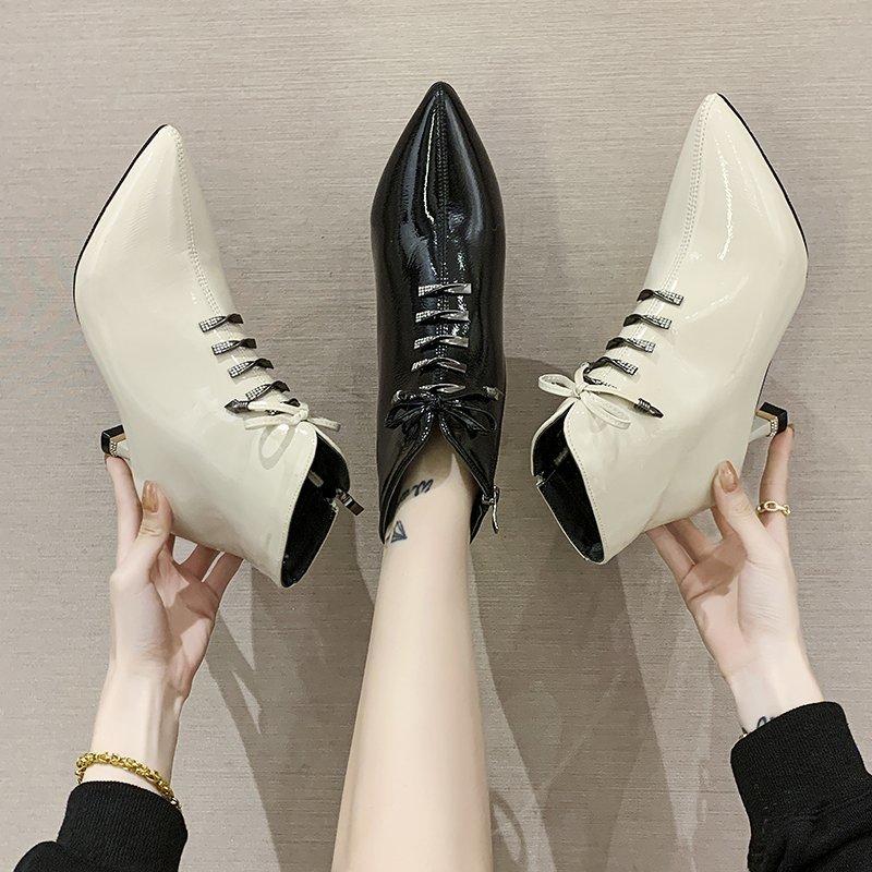 

Patent Leather High Heel Ankle Boots Women Bow Stiletto Heel Short Boots Winter Black Beige Pointed Toe Women 2020