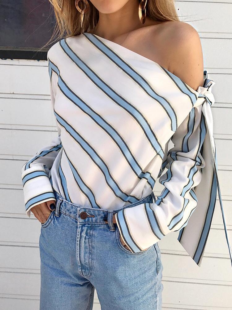 

2021 Summer Women New Striped Loose Blouse Fashion Lady Off Shoulder Lace Up Shirts Female Elegant Tops Blouses Long Sleeve Chic, Pink