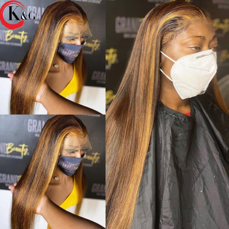 

KUNGANG Highlight T-part Middle Part Lace Front Human Hair straight 150% Density Lace Wigs With Baby Hair Ratio Non-Remy, As pic