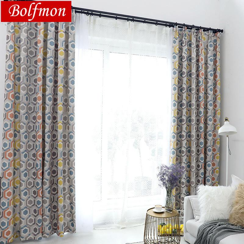 

America Style Cotton Polyester Colorful Window Curtain for Living Room Printed Blue Orange Grey Curtain for Bedroom Drapes, Color 1