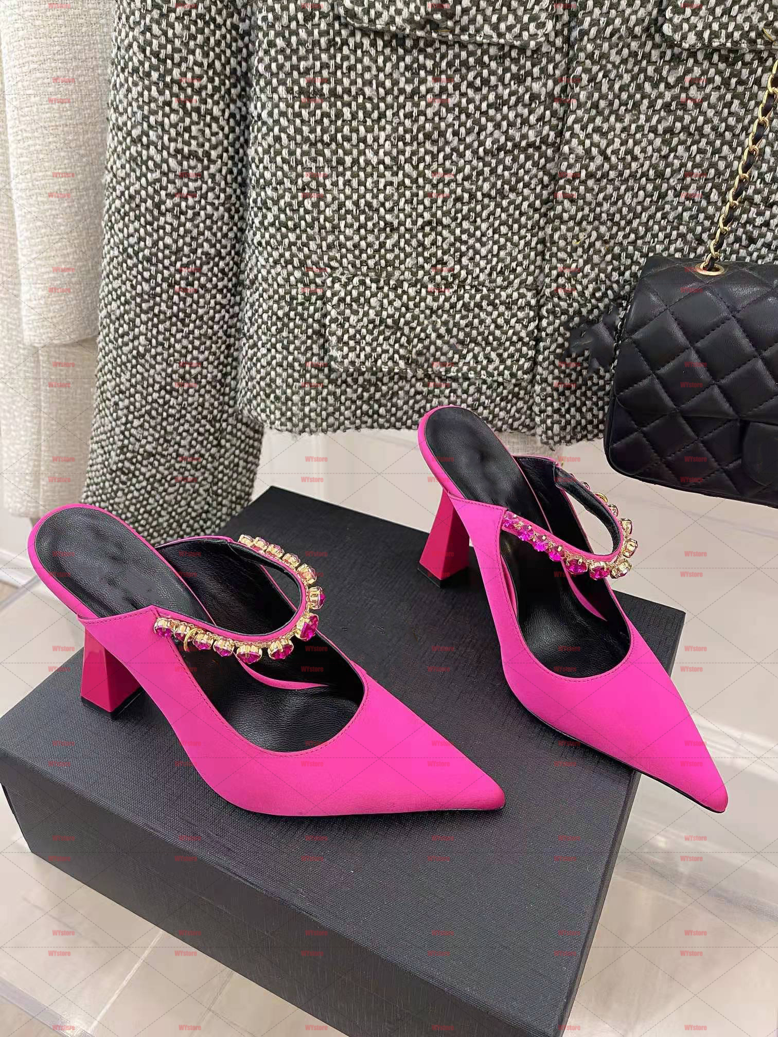 

2022SS Silk rhinestone tip toe cap heel sandals Painted heels Size 35-42, Black