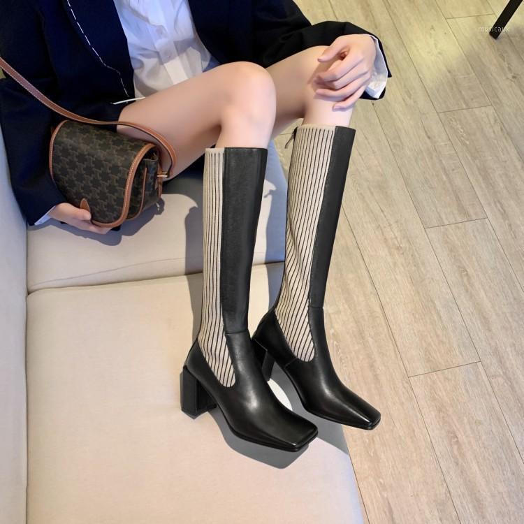 

MLJUESE 2021women knee-high boots leather winter short plush zippers square toe high heels female high boots size 401, Black