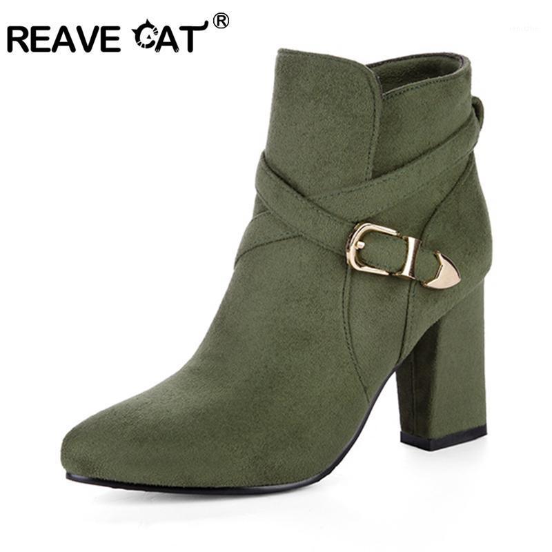 

REAVE CAT 2020 New Spring Autumn Women Ankle boots high 8.5cm Flock Square heel Buckle Black mujer Botas Short booties Cool A7521