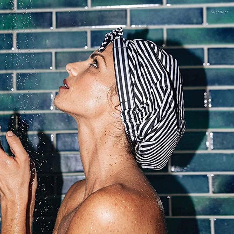 

Shower Cap For Women Hair Caps For Shower Reusable Cap Long Hair Large Turban (stripe Leaves Flowers)1