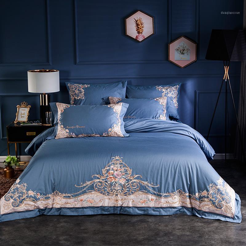 

American Classic Blue Embroidery Luxury Bed Suit Egyptian Long-staple Cotton Bed Cover Down Quilt Suit Sheet Pillow1, Color2