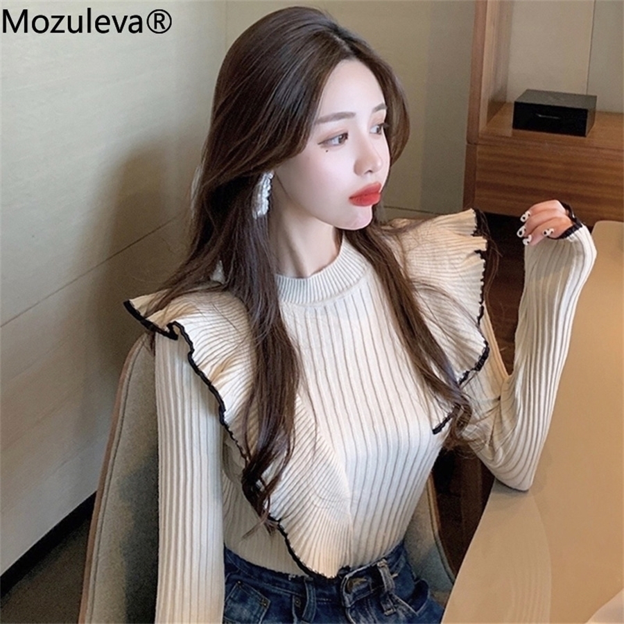

Mozuleva Sweet O-neck Ruffles Women Knitted Sweater Autumn Winter Warm Slim Long-sleeved Female Pullover Jumpers Vestidos 201023, Beige