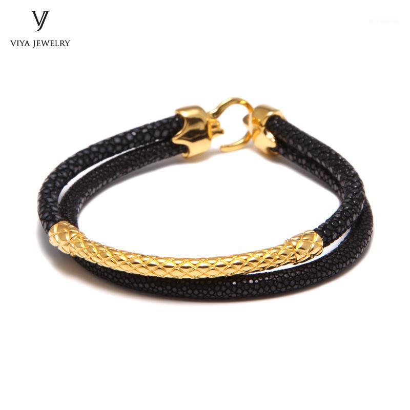 

Black Stingray Leather Bracelets With Gold Charm Hardware Stingray Sterling Silver Bracelet Best Gift for Boyfriend Has Gift Box1