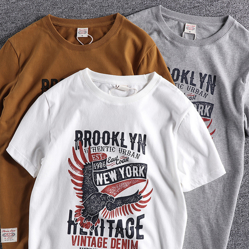 

2021 New Summer Men's Round Neck Tees American Retro Trendy Eagle Letter Print Brushed Short-sleeved T-shirt Men Clothing Harajuku Rymw, Light grey