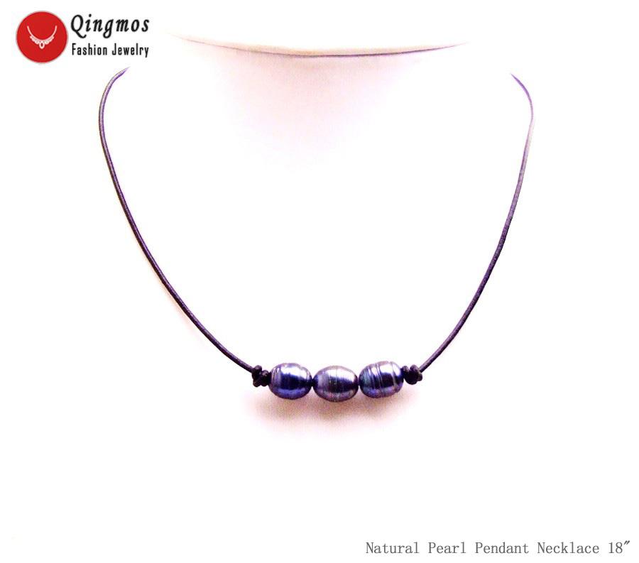 

Pendant Necklaces Qingmos Fashion 10-11mm Rice Natural Freshwater Black Pearl Necklace For Women With Genuine Leather 18" Chokers Ne6584