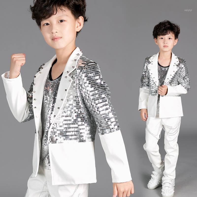 

Stage Wear 2021 Kids Dance Costumes For Jazz Silver Sequin Coat White Jacket Boys Hip Hop Clothes Children Performance DN29651, 1 pcs coat