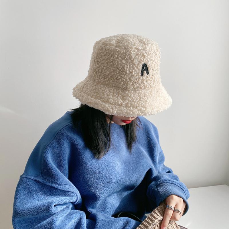 

Winter Hat Letter Embroidery Lamb Wool Fisherman Hat Female Couple Wild Warm Thickened Basin Bucket, Black