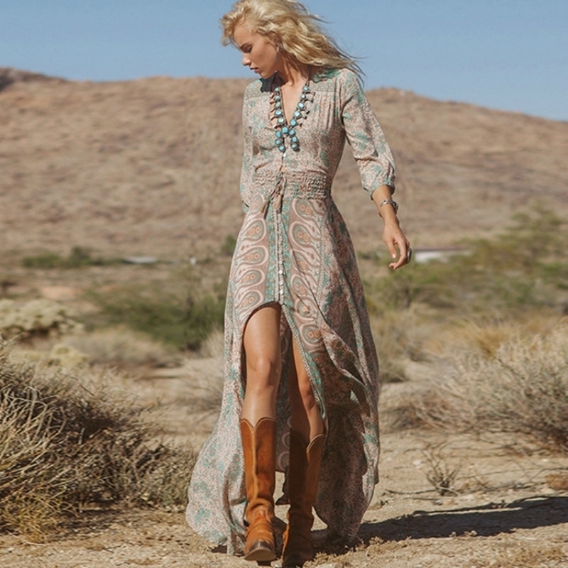 

Fashion Women Summer Sexy Long Sleeve Floral Chiffon Boho Party Vintage Print V Neck Beach Maxi Long Dress Print Size Y200805, Light blue