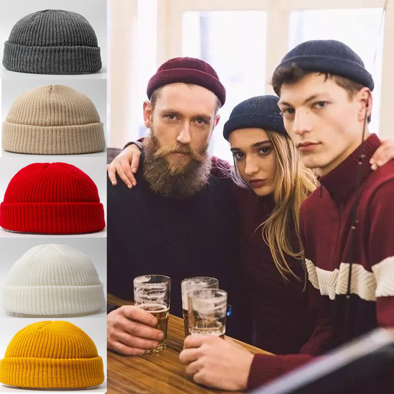 

new Winter Knit Mens Hat Skullcap Men Beanie Hat Winter Short Brimless Baggy Melon Cap Docker Fisher, Blue;gray