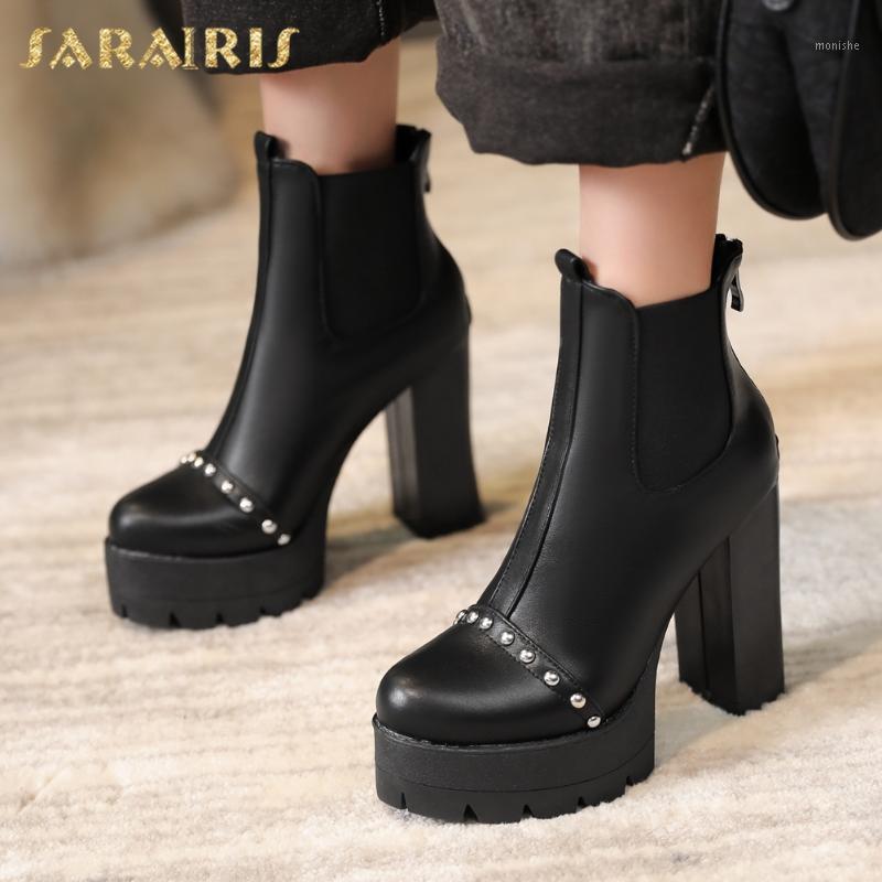 

Sarairis 2020 New Arrivals Zip Up Black Shoes Woman Boots Female Platform High Heels Metal Decoration Ankle Boots Female1, Black style 1