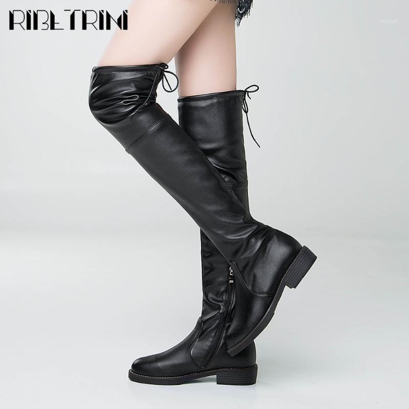 

RIBETRINI Brand Female Low Heel Zipper Solid Stylish Shoes Over The Knee Women Boots Lace Up Casual Autumn Boots1, Black strap